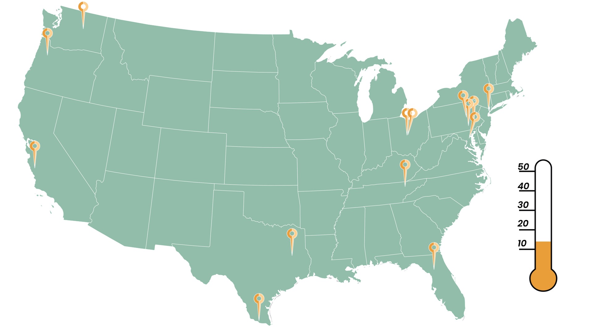 US map with pinned locations of IFPA Congressional Connections tour stops