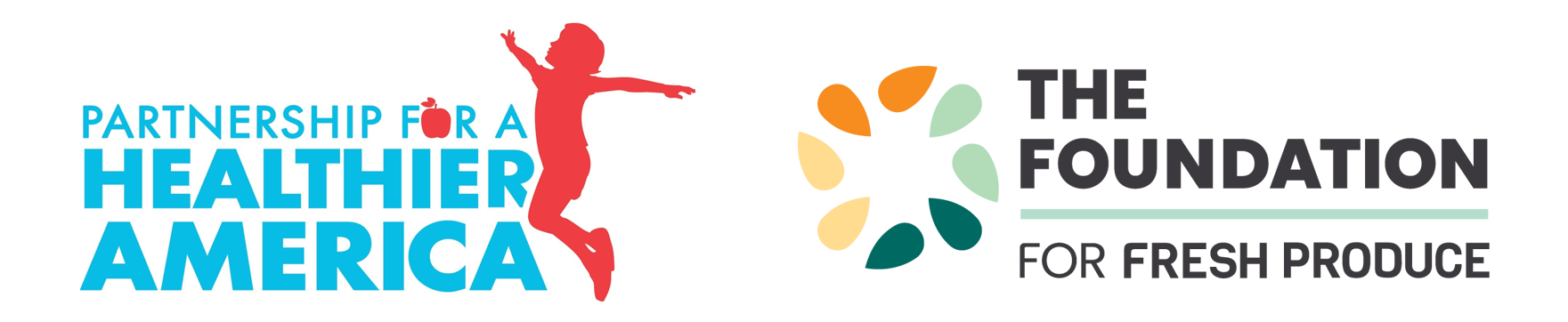 Logos of Partnership for a Healthier America and The Foundation for Fresh Produce side by side. The left logo features a silhouette of a jumping person in red next to blue and green text, while the right logo consists of four seed-like shapes in different colors forming a circular pattern next to black text.