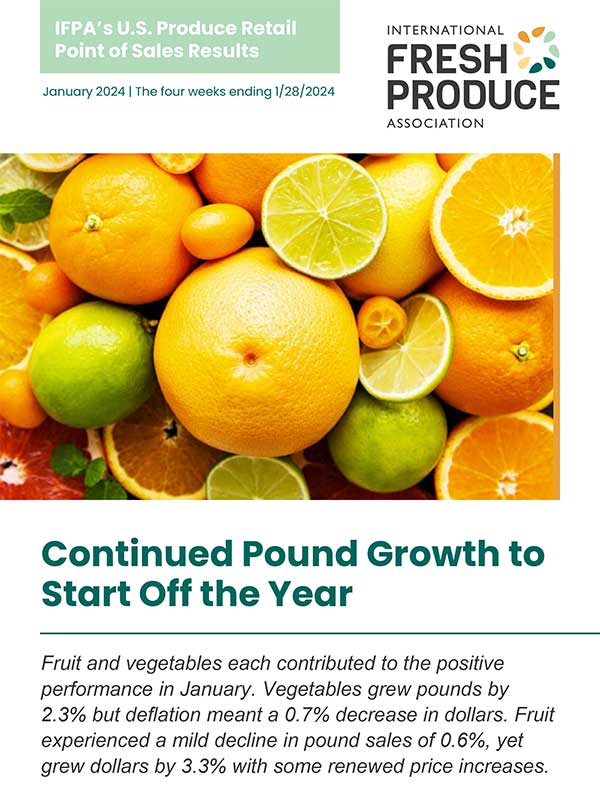 Cover of U.S. Produce Retail POS results January 2024. A large portion of citrus fruit including oranges and limes. Some are cut in half and some are whole.